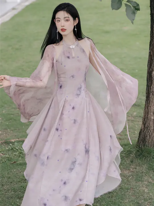 新中式改良チーパオ外搭カーディガン夏用女性用肩出しデザインドレス（セットアップ対応）