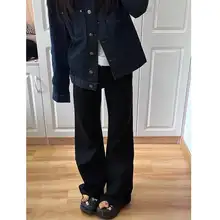 高身長向け ブラックハイウエストスリムストレートデニムパンツ【秋冬用】