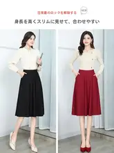 高腰の黒色フレアスカート【春秋用・膝下丈・体型カバー・ウエストゴム】