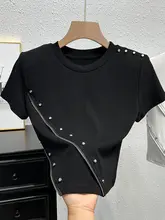 ショートスリーブ Tシャツ 女性 夏季 ファッション ビーズ 細見え ハイウエスト クロップド