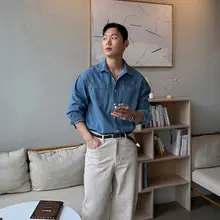 復古風ブルーウォッシュデニムシャツ【メンズ・秋用・ゆったりフィット・カジュアル】