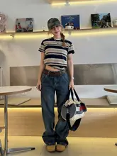 ストライプ柄シンプルなウィメンズ短袖Tシャツ【夏用・ルーズフィット・カジュアル】（セットアップ対応）
