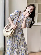 フラワープリント バブルスリーブ ワンピース【フリル付き・夏用・Aライン・長袖】