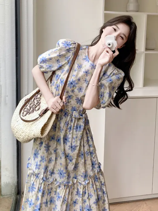 フラワープリント バブルスリーブ ワンピース【フリル付き・夏用・Aライン・長袖】