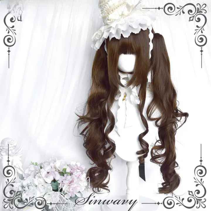 可愛いロリータ風ツインテールの深茶色ロングカールウィッグ【人形少女スタイル】