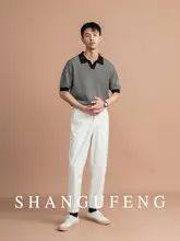 SHANGUFENG カラーブロックデザインのメンズニットポロシャツ【夏用・Vネック・短袖】