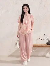 新中式花柄 ドルマンブラウスとスカートパンツ【夏用・極上の柔らかさ・ゆったりシルエット】（セットアップ対応）