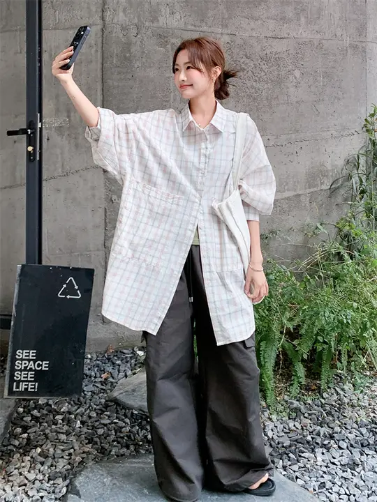 オーバーサイズチェックシャツ【春夏用・女性用・トレンディデザイン】
