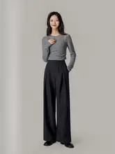 小柄女性向け グレーの高腰ストレートパンツ【春用・ドレープ感・ワイドレッグ】（セットアップ対応）