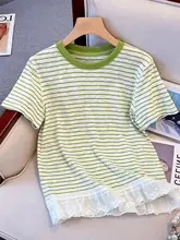 フリルレースストライプショートスリーブTシャツ【女性用・夏・スリムフィット・学生向け・短丈】