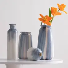 手描き青色シンプル陶器製フラワーベース【乾燥花・インテリア装飾用・高級感】