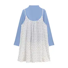 春用フラワープリントキャミソールワンピースとハイネックTシャツ重ね着【甘美スタイル・ブルー】（セットアップ対応）