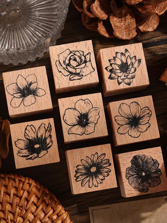 ビンテージ木製の手帳印章【植物デザイン・花のDIY素材・バラとデイジー印画】