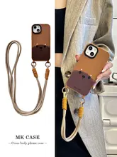 かわいいクマデザインのiPhone用ソフトケース【ブラウン・ストラップ付き・衝撃防止】