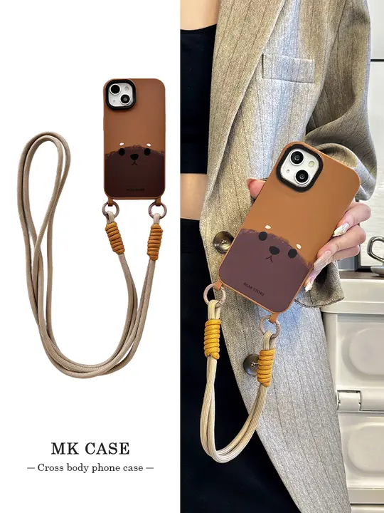 かわいいクマデザインのiPhone用ソフトケース【ブラウン・ストラップ付き・衝撃防止】