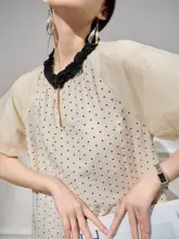 Plum Jan ドット柄パフスリーブワンピース【夏用・杏色・フレンチスタイル】