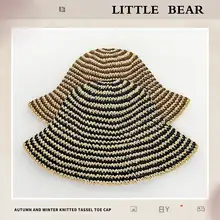夏用折りたたみストライプ編み草帽【大きなつば・レディース・ビーチ・日除け・バケツハット】