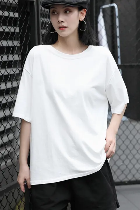 白色 レディース 半袖 Tシャツ【夏用・コットン・ルーズフィット・大きいサイズ】
