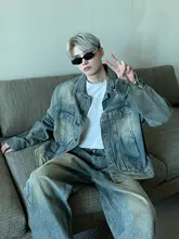 ヴィンテージ風ウォッシュデニムジャケット【ゆったり肩パッド・ストレートパンツ・セットアップ対応】