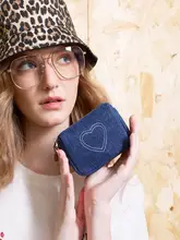 ロマンティックデニム愛心刺繍の大容量ポーチ【収納力抜群・レトロデザイン】