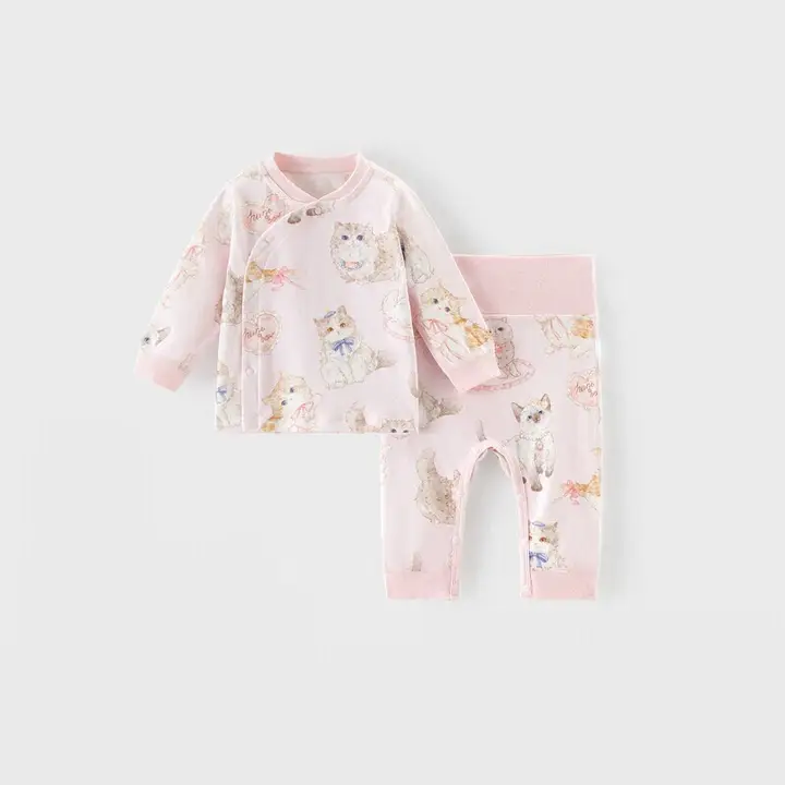 可愛いクマデザインの女の子用ボトムス付き春秋用衣服【抗菌・ハイウエスト・純綿・（セットアップ対応）】