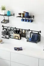 穴あけ不要 黒色キッチン収納ラック【スペースアルミ製・壁掛け・箸置き・調理器具用】