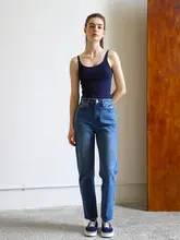高腰ストレートデニムパンツ【梨形・ウォッシュ加工・9分丈】