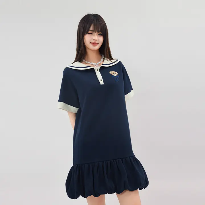 Tシャツワンピース レディース くま柄 学園風 プレピースタイル 夏 「LALABOBO」