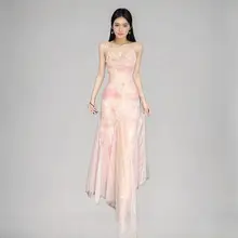 華やかなフラワーレースデザインのフィッシュテールキャミソールドレス【女性用・ビーチスタイル・セクシー・ウエストシェイプ】