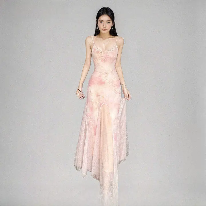 華やかなフラワーレースデザインのフィッシュテールキャミソールドレス【女性用・ビーチスタイル・セクシー・ウエストシェイプ】