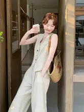 2点セット レディース ベスト ワイドパンツ 韓国風 ハンドメイドボタン おしゃれ きれいめ 上品 知的 夏