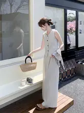 米白色の高級感あるスーツベストとワイドパンツ【夏用・カジュアル・女性用】（セットアップ対応）