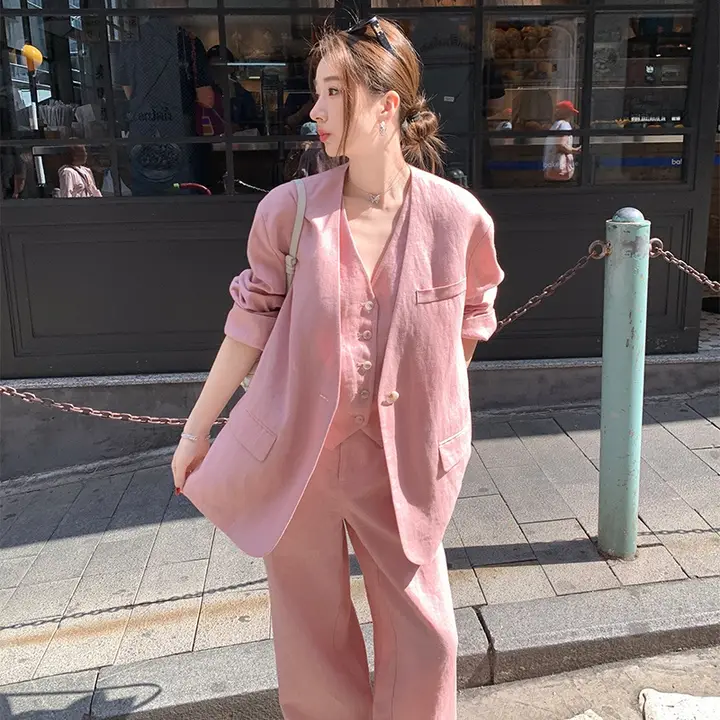 春夏用 全麻素材 レディースジャケット【カジュアルデザイン・ベスト・ハイウエストショートパンツ・パンツ】（セットアップ対応）
