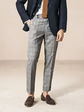 ウエストフィットの薄手ウールパンツ【ウエッジウール・ウエストタック・九分丈・チェック柄・スリムデザイン】（セットアップ対応）
