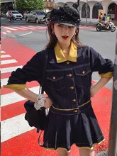 学院風デザインのデニムトップス【襟付き・大人可愛い・百褶スカート・春秋用】（セットアップ対応）