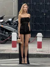 NONTRADE 黒色 ストラップ付きレース ボディコンドレス【マーメイドシルエット・トレイン付き】