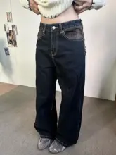 JIAONI アメリカンヴィンテージ パッチワークチェックストレートデニムパンツ【カジュアル 男女兼用・ワイドレッグ・ロング】