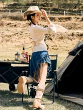流行のフリンジデザイン不規則デニムトップスとハイウエストスカート【夏用・女性用】（ セットアップ対応）