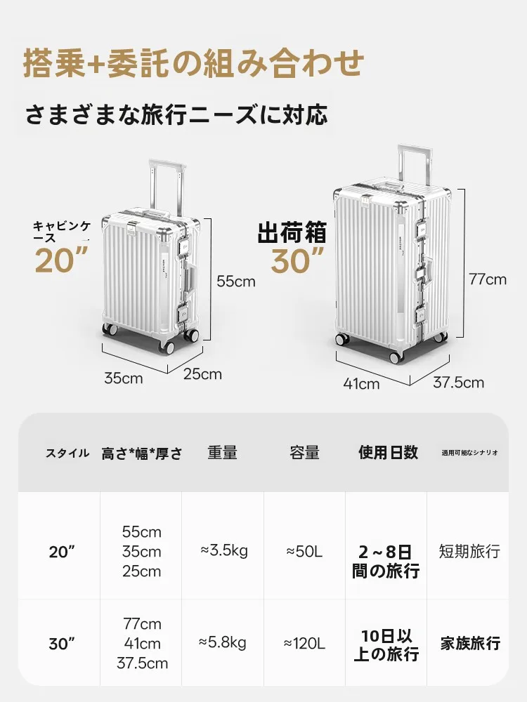 アルミフレームの頑丈な旅行カバン：二つのサイズ対応で一泊旅行の荷物管理を徹底