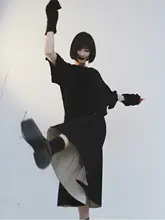 ブラック ミディスカート【秋用・不規則デザイン・ハイウエスト・Aライン・プリーツ】