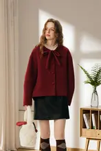 冬用100%羊毛リボン付きダブルフェイスコート【レディース・短尺・小柄向け】