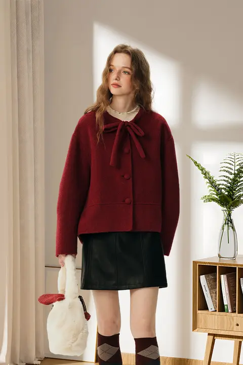 冬用100%羊毛リボン付きダブルフェイスコート【レディース・短尺・小柄向け】