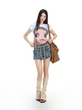 カートゥーンデザインのラウンドネックショートスリーブTシャツ【レディース・夏用・かわいい・トレンド】