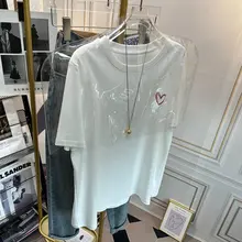 ハート刺繍付き レディースTシャツ【シンプル・綿・ワイドフィット・丸首・短袖・夏用】