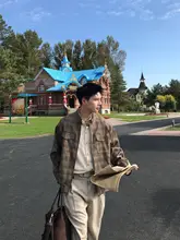千鳥格模様の男の秋用カジュアルジャケット【多ポケット・工装デザイン】