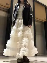 レイヤードデザインのメッシュ切り替えロングスカート【春用・スタイル・雰囲気漂う】（セットアップ対応）