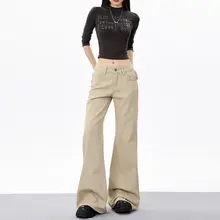 デニムフレアパンツ レディース ローウエスト 着痩せ アメカジ ヴィンテージ カーキ フロア丈 春 秋「FKUG」