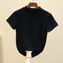 グレー Tシャツ【女性用・ショートスリーブ・ハイネック・コットン・タイトフィット】