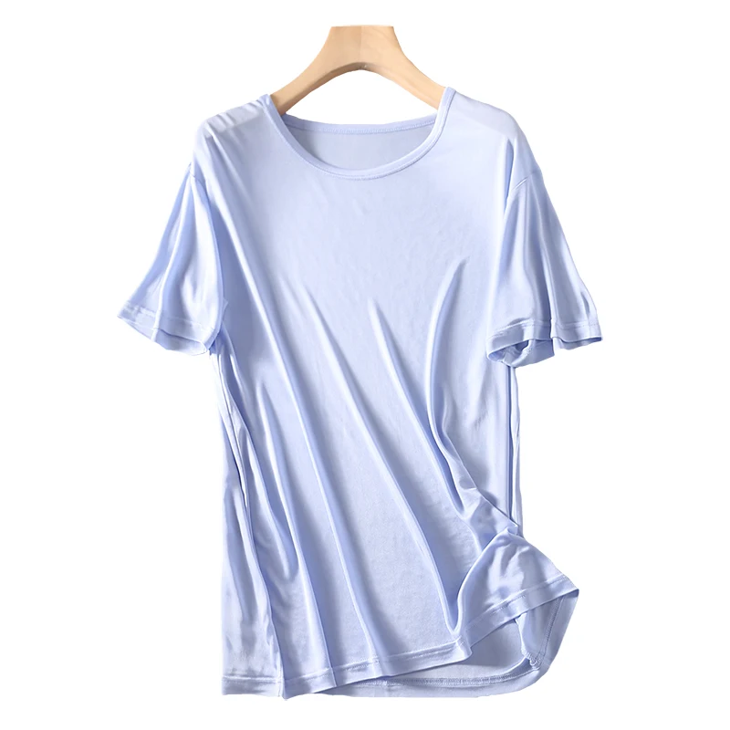 夏用 メンズ ラウンドネック 半袖 Tシャツ【サテンシルク・ゆったりしたフィット・カジュアル】