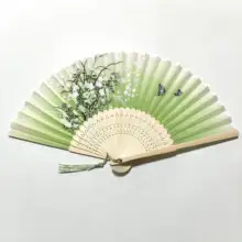 孔府風花鳥デザインの折りたたみ扇子【子供用・竹製・布面】